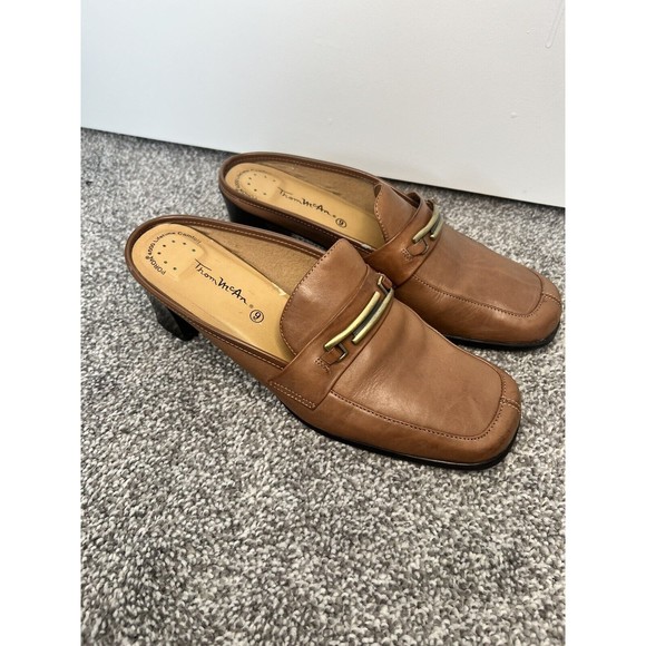 Thom Mcan Leather Heel Slip On Loafer mule Women’s 9 Gold Detail Block Heel - Picture 1 of 13